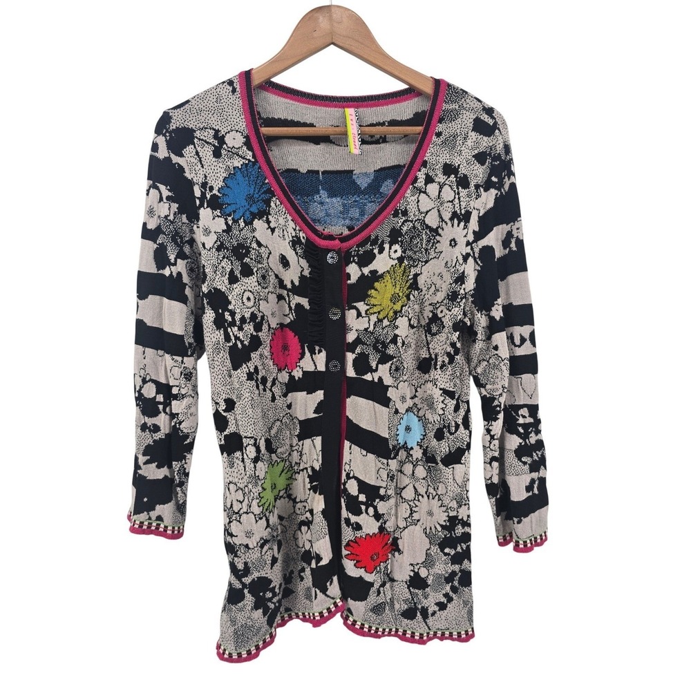 Eva &‎ Claudi Cardigan Womens M 1130012 Floral Striped Ruffle Multicolor EUC
